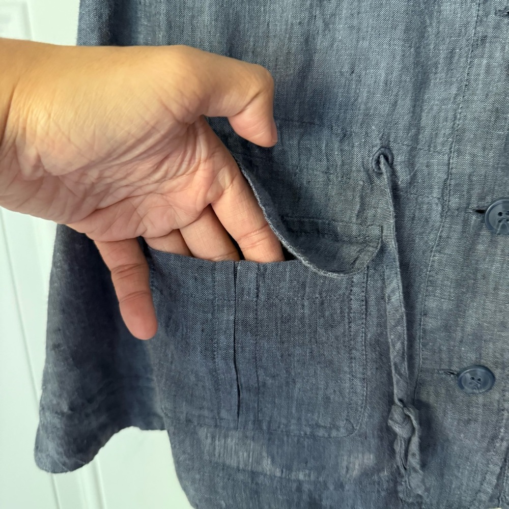 POETRY blue denim linen chambray tie button‎ up cropped tank blouse shirt top - Picture 3 of 8